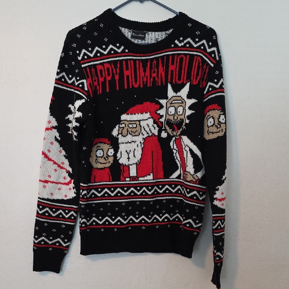 Black and Red Crewneck Sweater with Festive Patterns